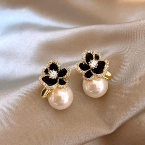 black camellia pearl earrings