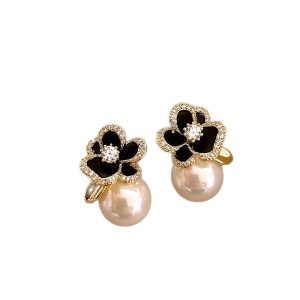 black camellia pearl earrings1