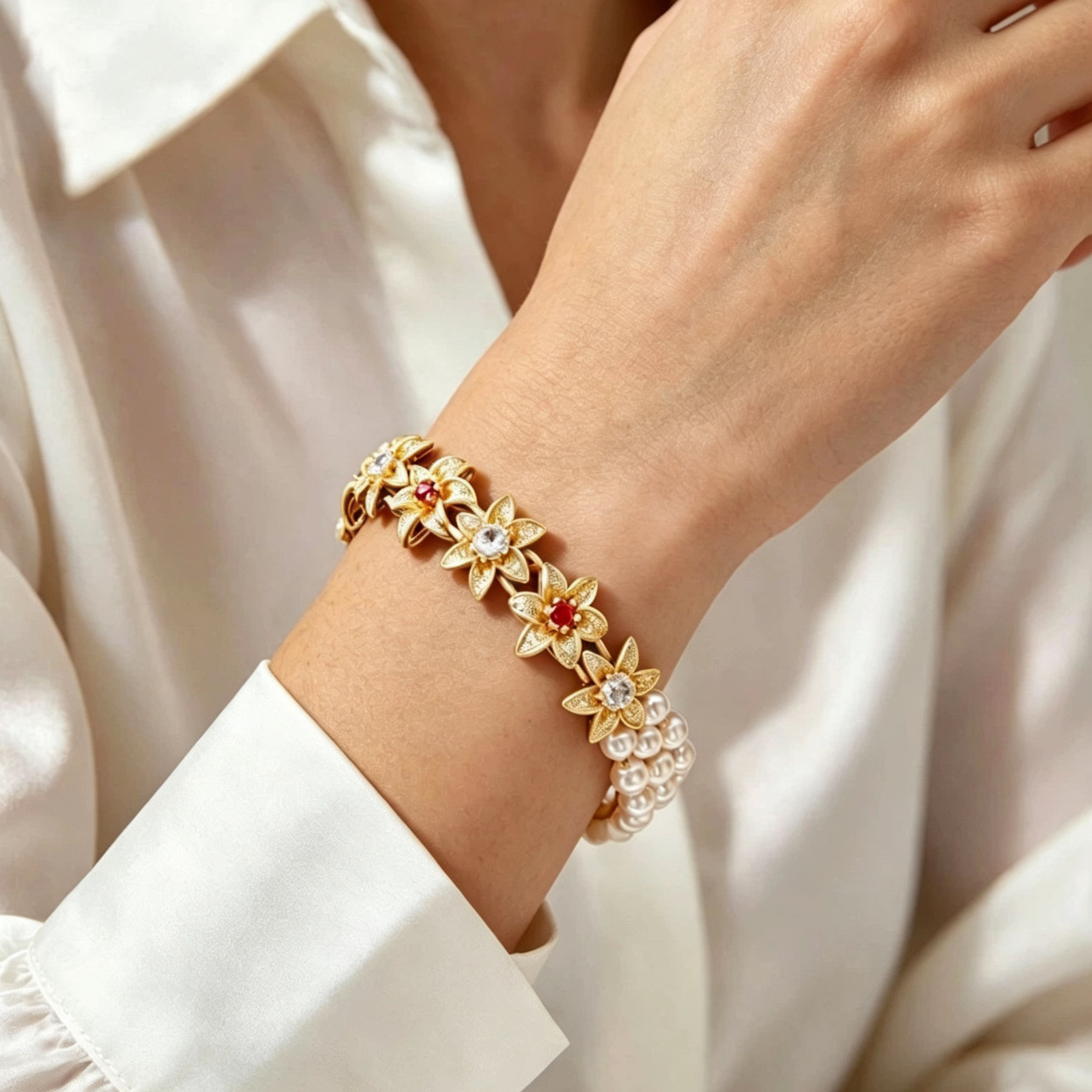 zircon imitation pearl lily flower bracelet1